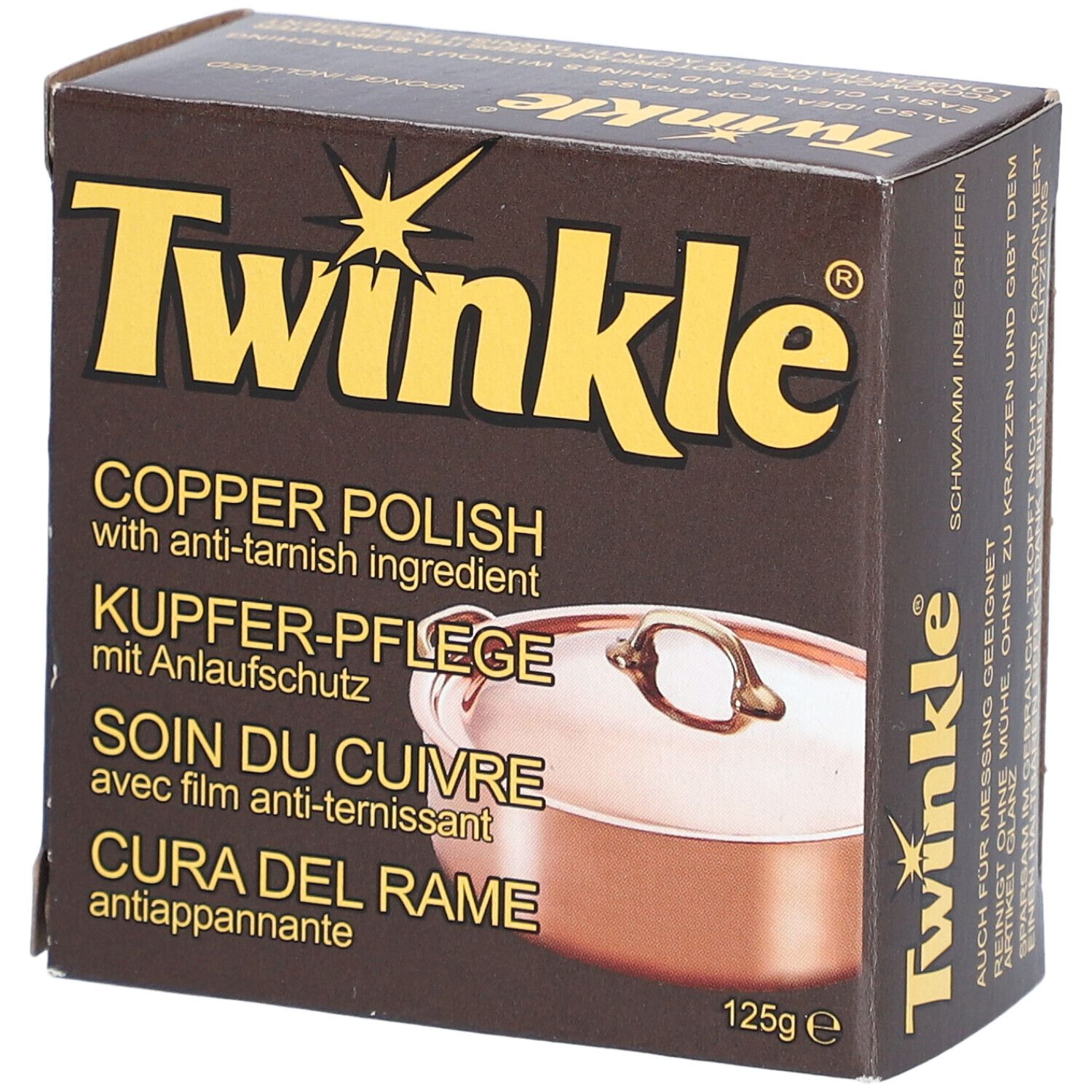 Boîte marron avec le nom Twinkle et des informations sur le produit. 125g. Illustration d'une casserole en cuivre.