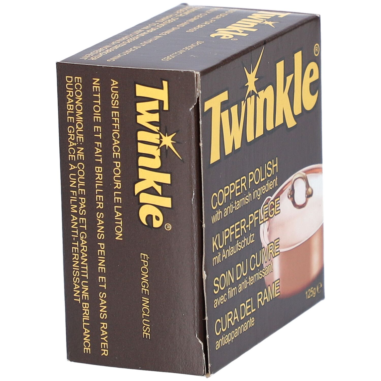 Boîte marron avec le nom Twinkle. Texte: Copper Polish, Soin du cuivre, etc. Éponge incluse.