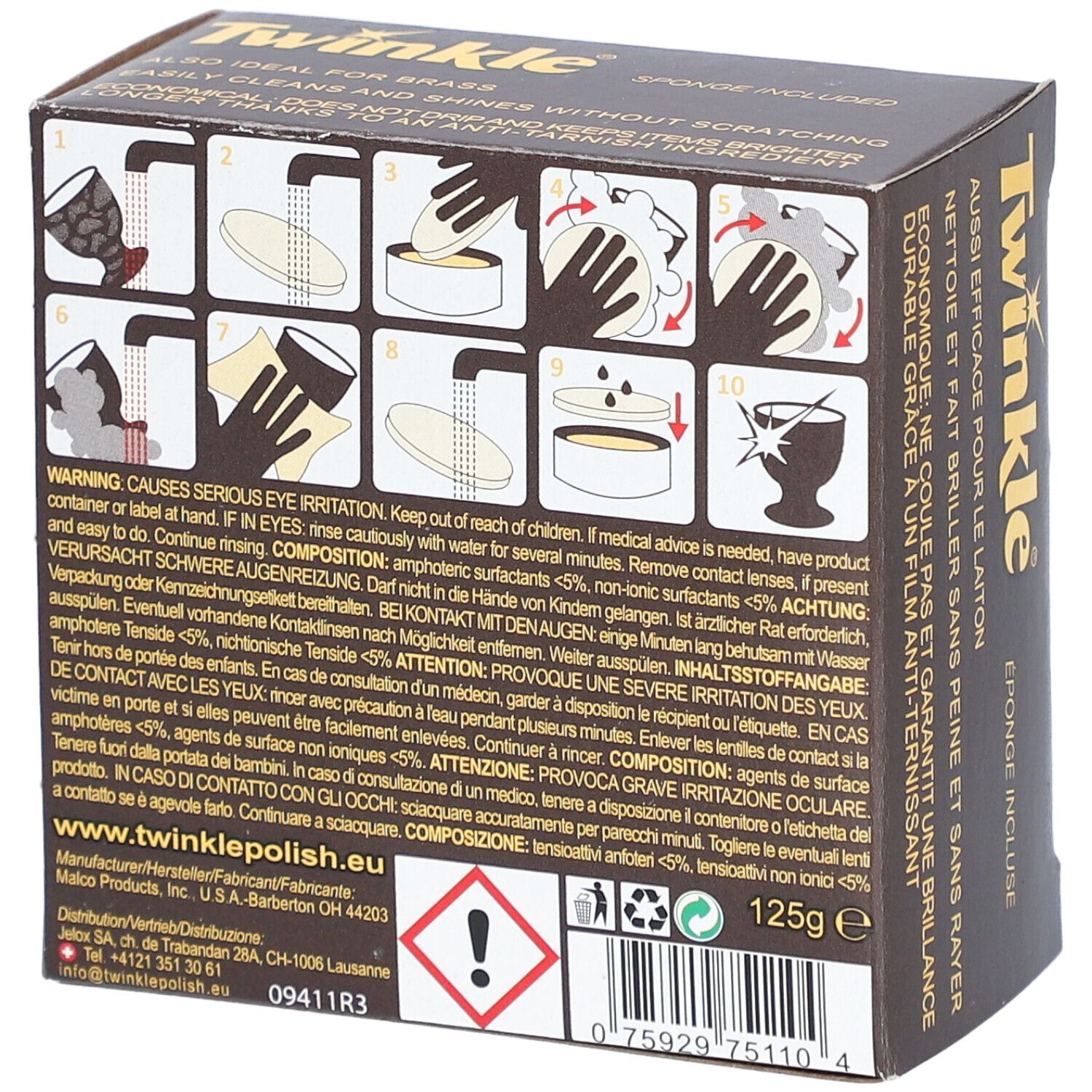 Dos de la boîte marron Twinkle. Instructions d'utilisation, avertissements, ingrédients. 125g. Symbole de danger.
