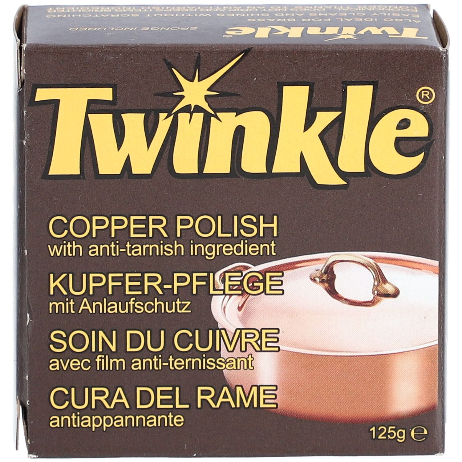 Boîte marron avec Twinkle et informations sur le produit. 125g. Illustration d'une casserole en cuivre.
