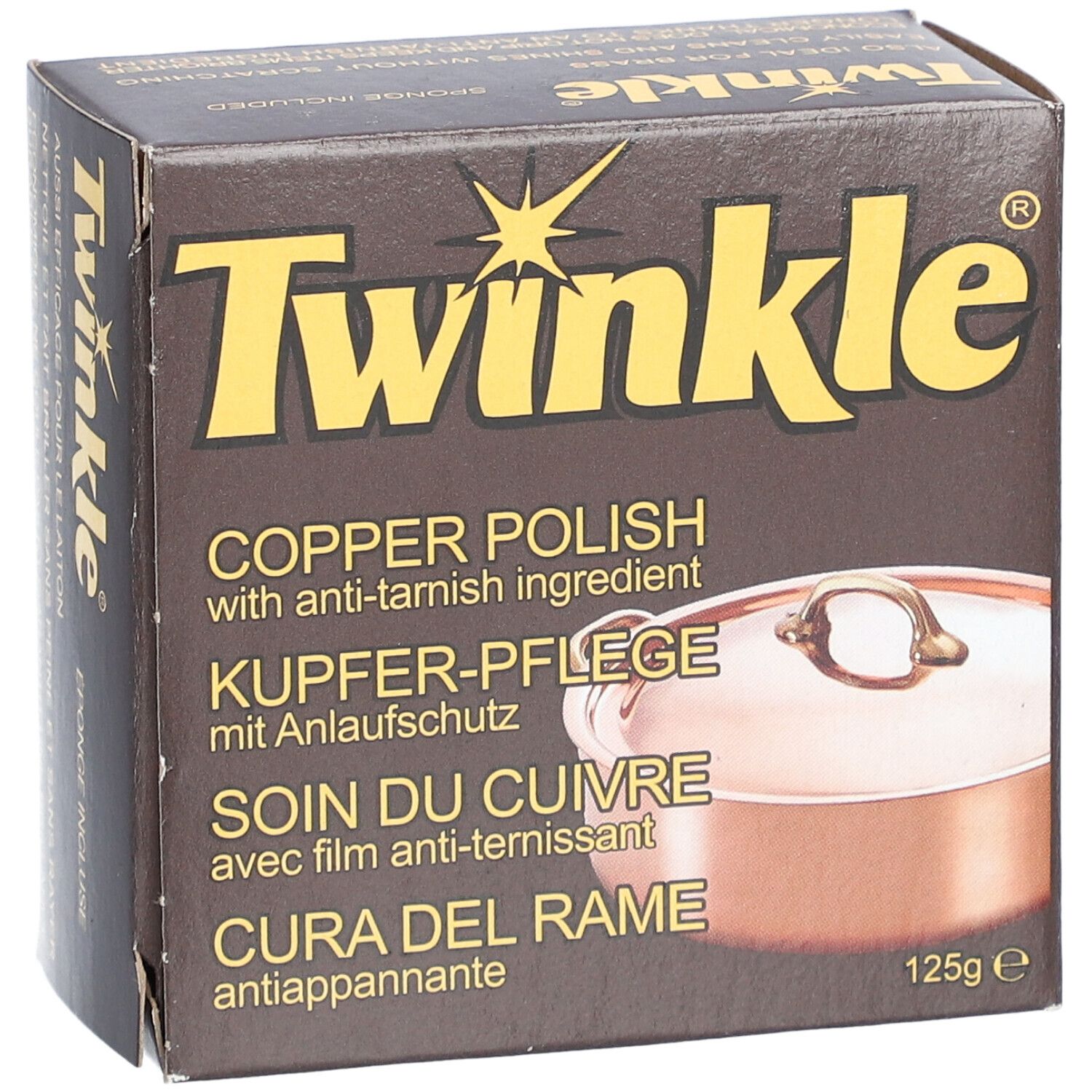 Boîte marron avec Twinkle et informations sur le produit. 125g. Illustration d'une casserole en cuivre.
