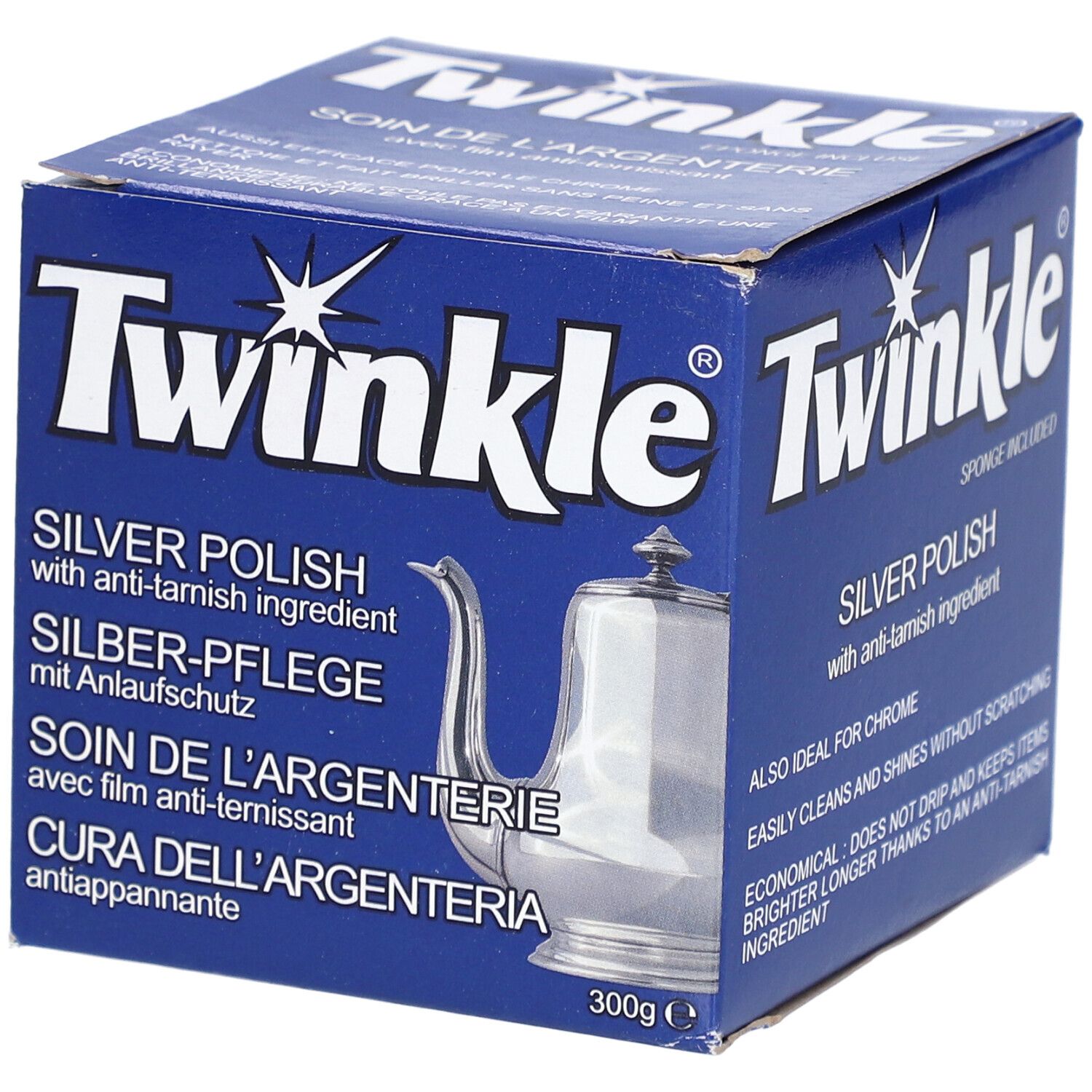 Boîte bleue avec logo "Twinkle" et nom du produit. Contient du polish argent avec protection anti-ternissement. Image d'une cafetière.