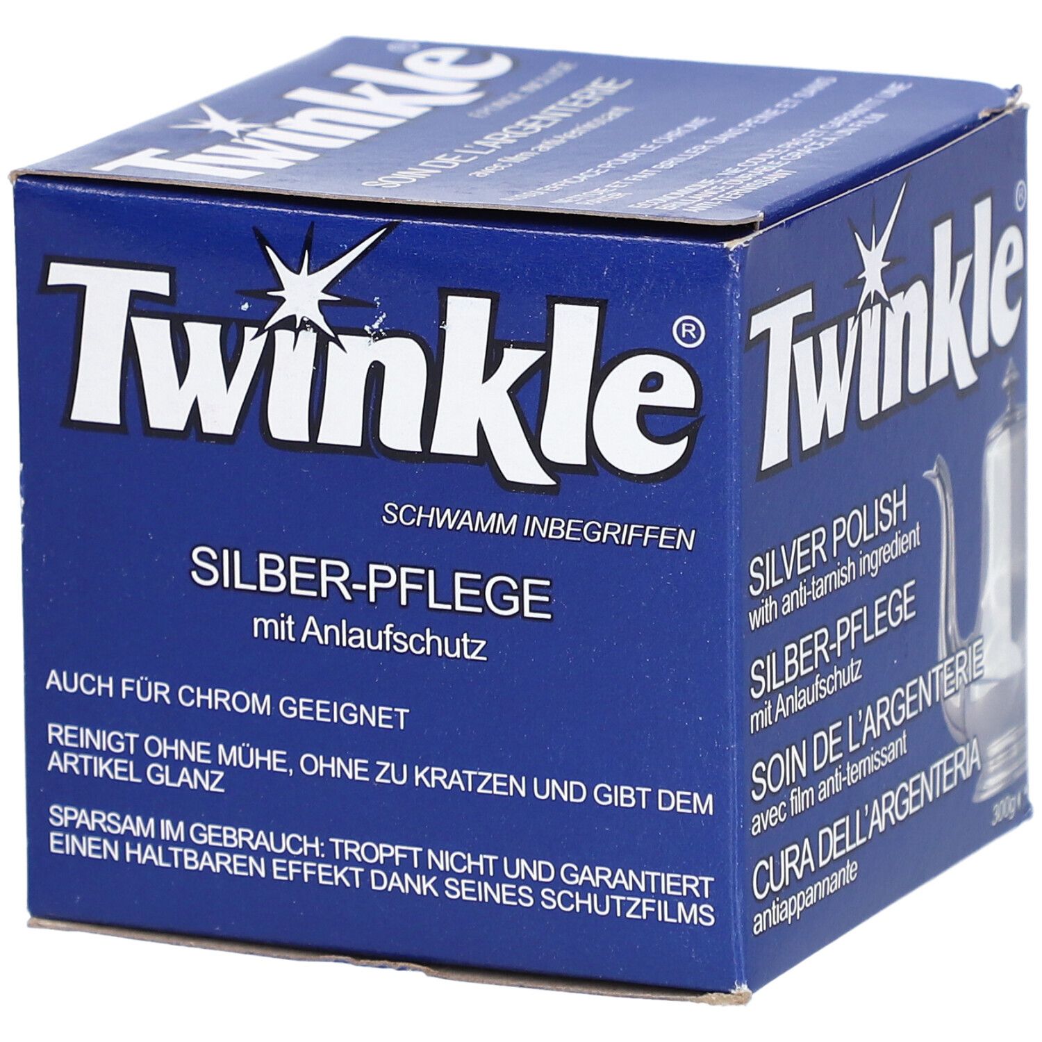 Boîte bleue avec logo "Twinkle" et nom du produit. Contient du polish argent avec protection anti-ternissement. "Éponge incluse".