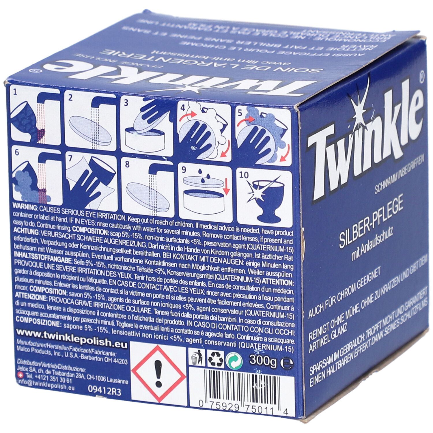 Dos de la boîte bleue avec logo "Twinkle". Contient des instructions et des avertissements. Indication de poids 300g.