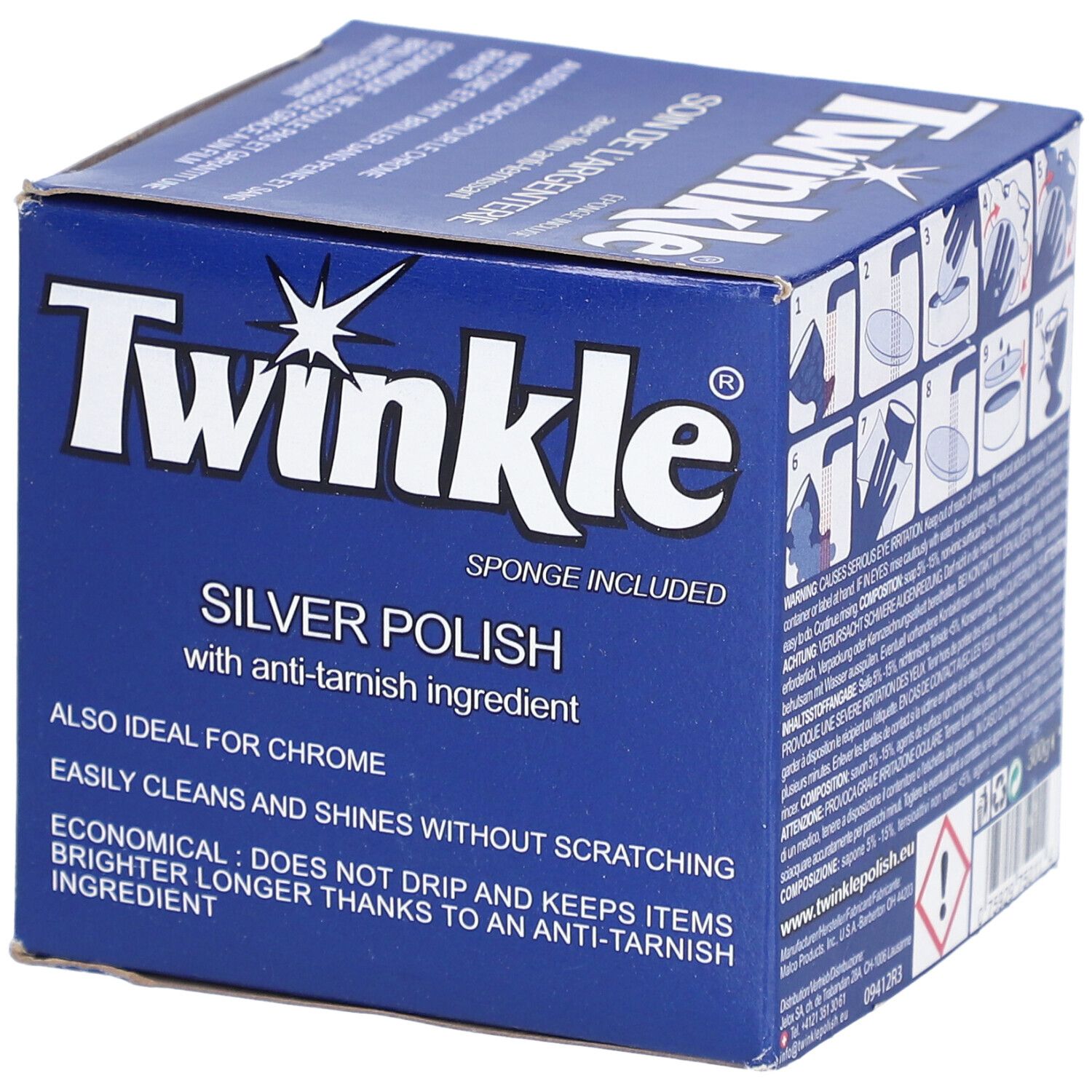 Boîte bleue avec logo "Twinkle" et nom du produit. Contient du polish argent avec protection anti-ternissement. "Éponge incluse".
