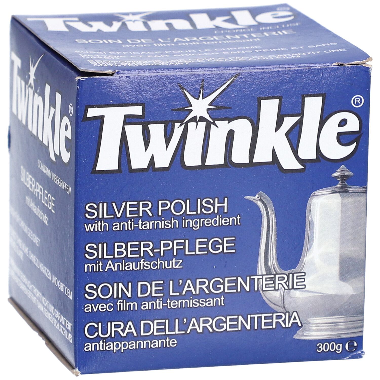 Boîte bleue avec logo "Twinkle" et nom du produit. Contient du polish argent avec protection anti-ternissement. Image d'une cafetière. 300g.