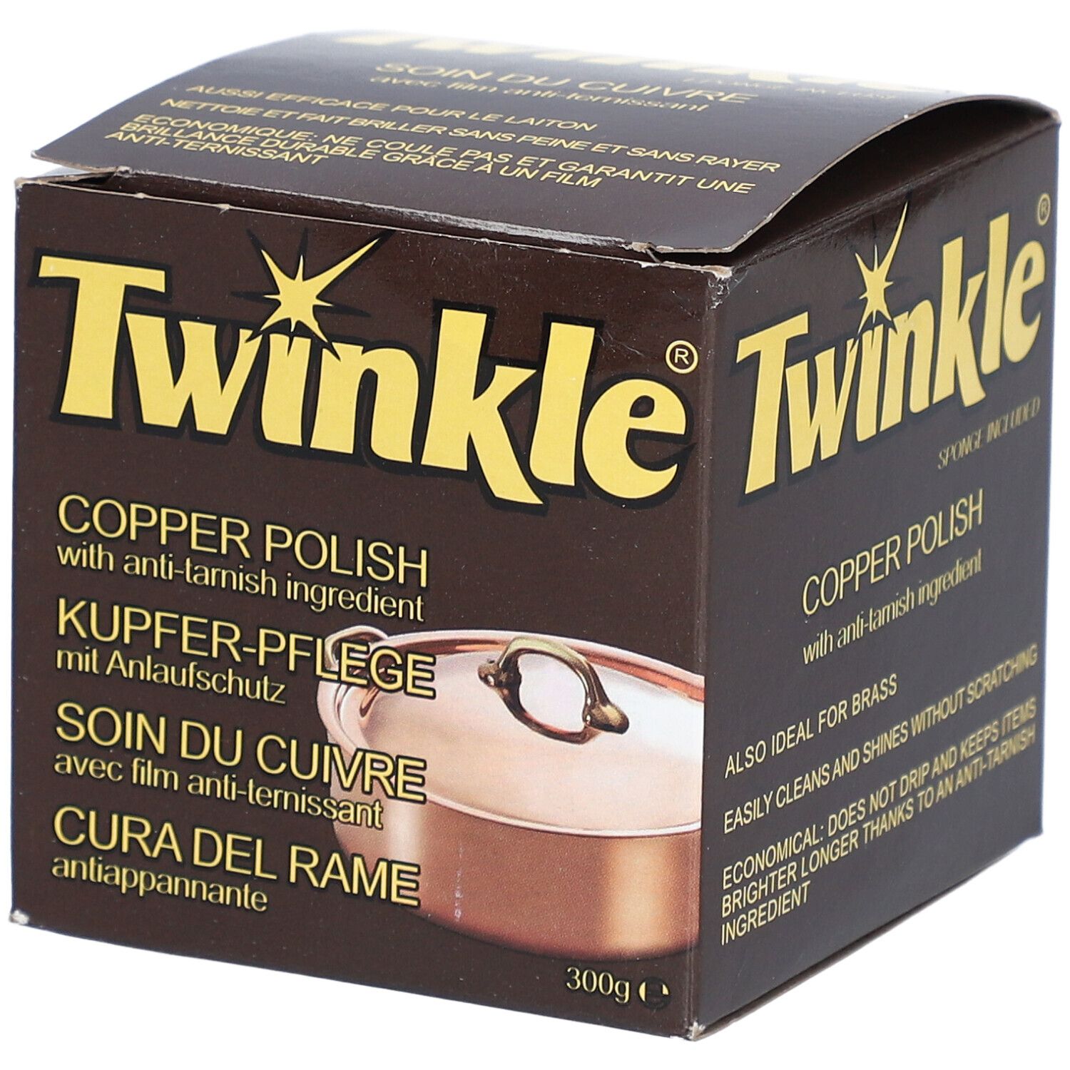 TWINKLE® Soin du cuivre avec film anti-ternissant. Boîte marron avec nom du produit et image d'une casserole en cuivre. 300g.