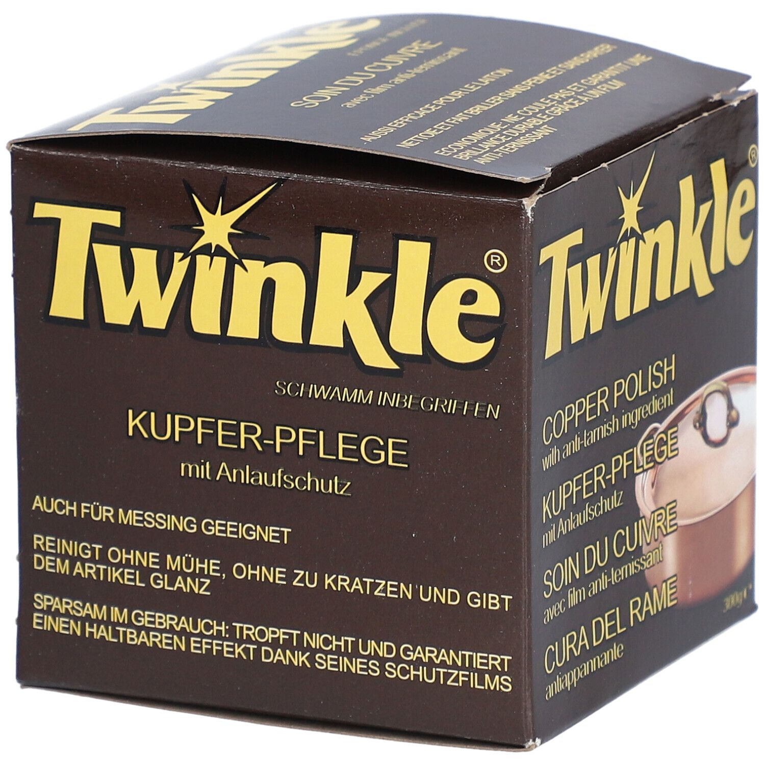 TWINKLE® Soin du cuivre avec film anti-ternissant. Boîte marron avec nom du produit. Convient aussi pour le laiton. 300g.