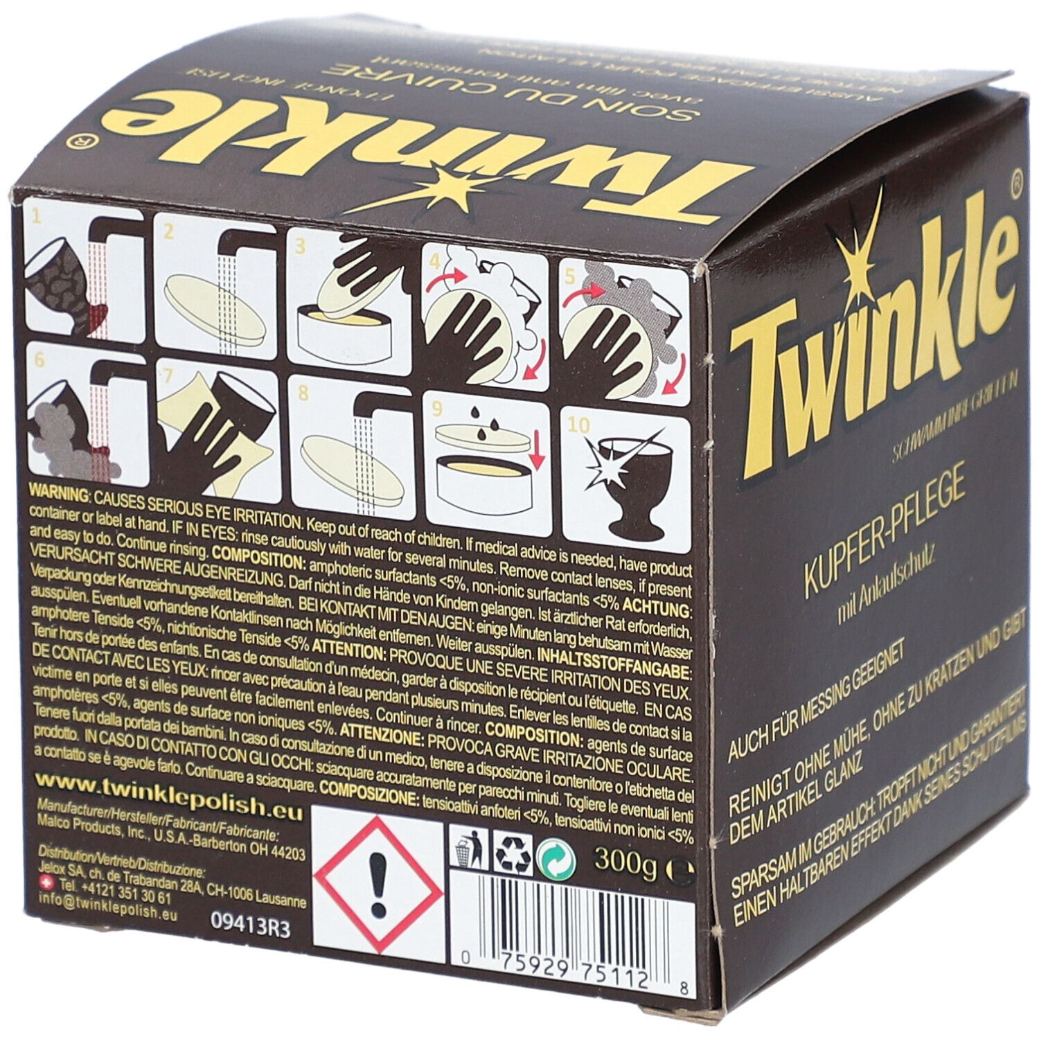 TWINKLE® Soin du cuivre. Dos de l'emballage avec avertissements et instructions d'utilisation. 300g. Symbole de danger.