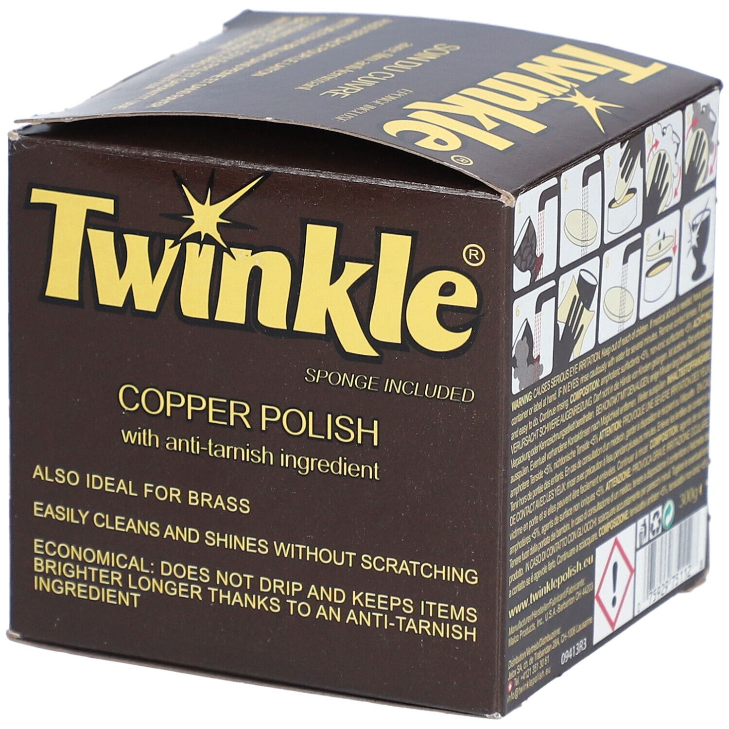 TWINKLE® Soin du cuivre avec film anti-ternissant. Boîte marron avec nom du produit. Éponge incluse. Convient aussi pour le laiton.