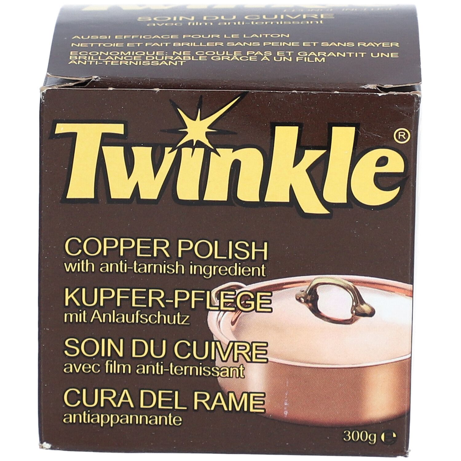 TWINKLE® Soin du cuivre avec film anti-ternissant. Boîte marron avec nom du produit et image d'une casserole en cuivre. 300g.