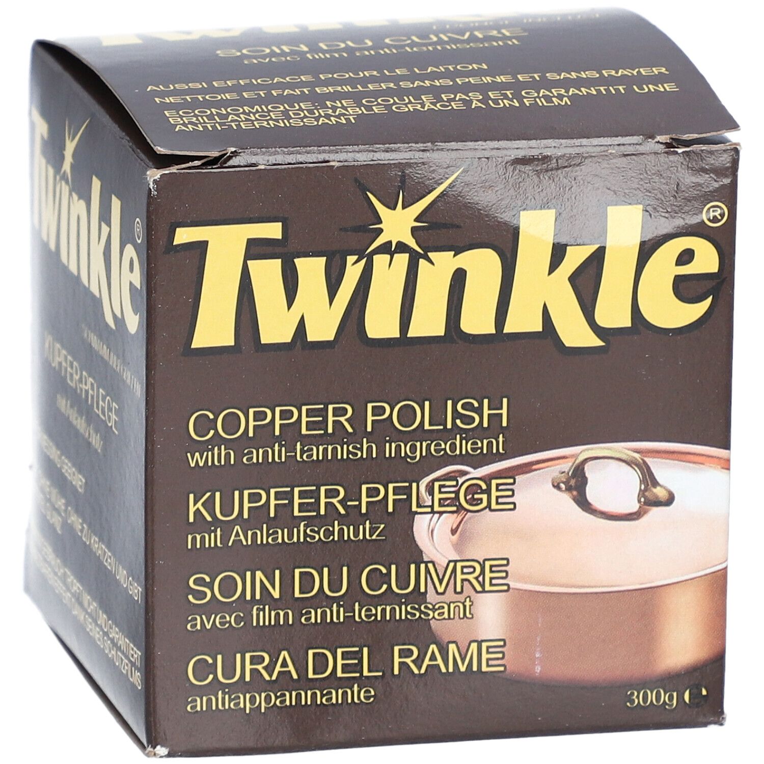 TWINKLE® Soin du cuivre avec film anti-ternissant. Boîte marron avec nom du produit et image d'une casserole en cuivre. 300g.