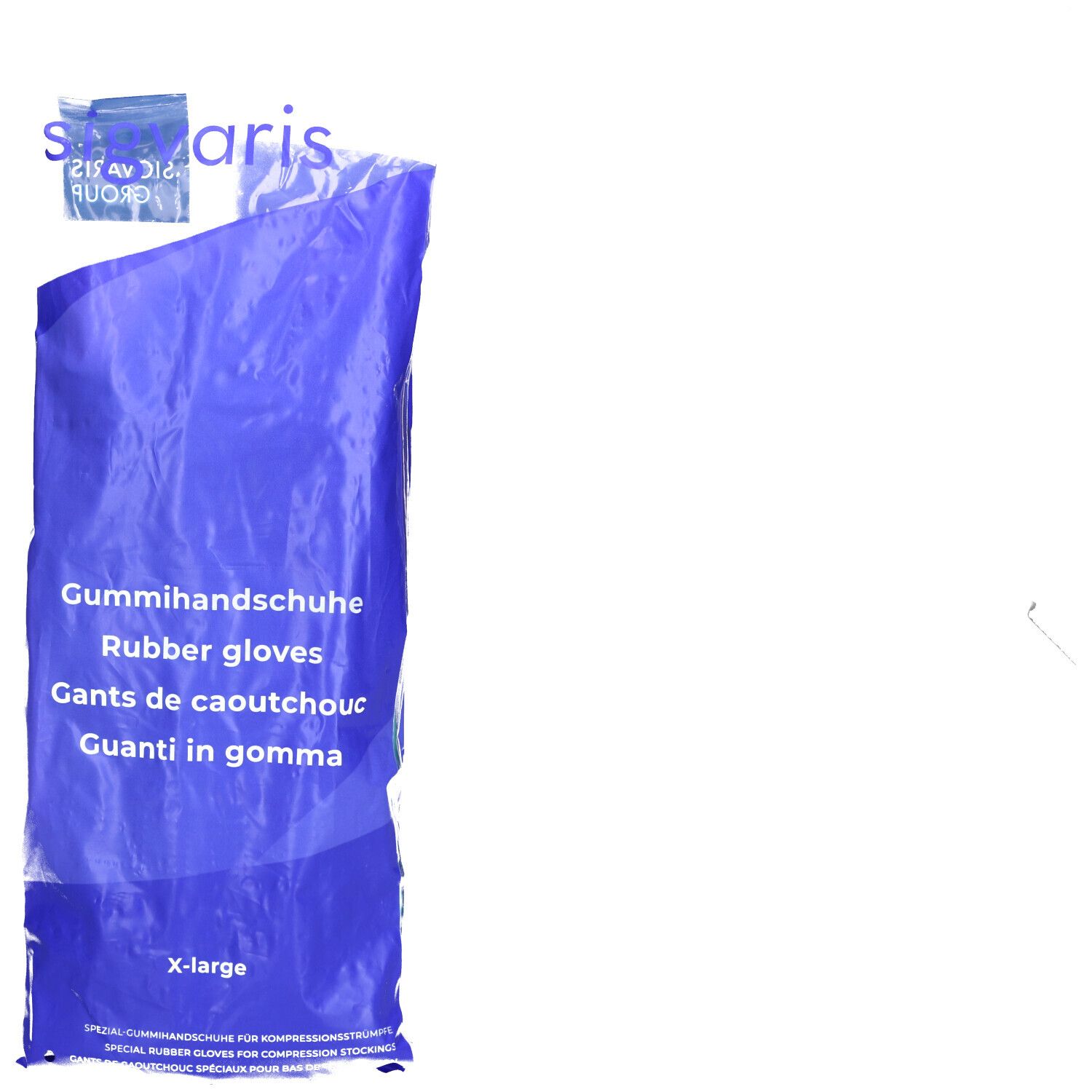 Emballage bleu avec inscriptions: Gants en caoutchouc, Rubber gloves, Gants de caoutchouc, Guanti in gomma. Taille: X-large.