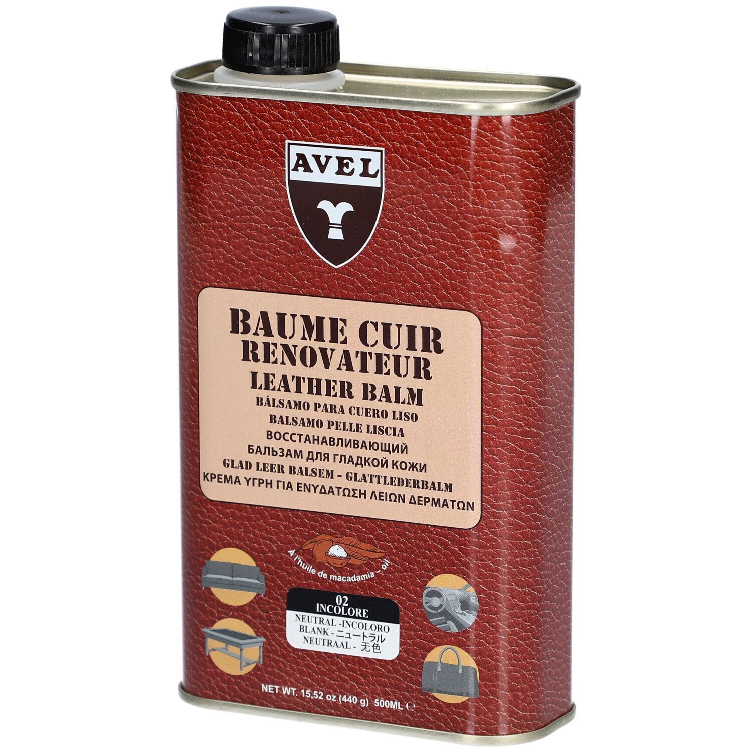 Boîte cylindrique avec bouchon noir. Inscription AVEL, Baume Cuir Renovateur, Leather Balm. Informations produit multilingues.