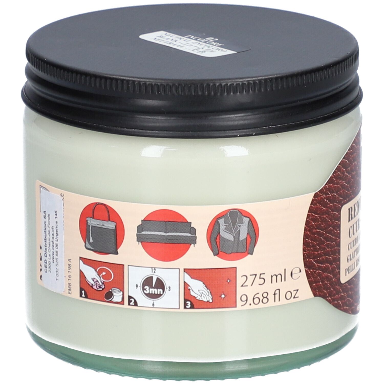 Pot en verre avec couvercle noir. Étiquette avec pictogrammes d'utilisation. Contenu : 275 ml.