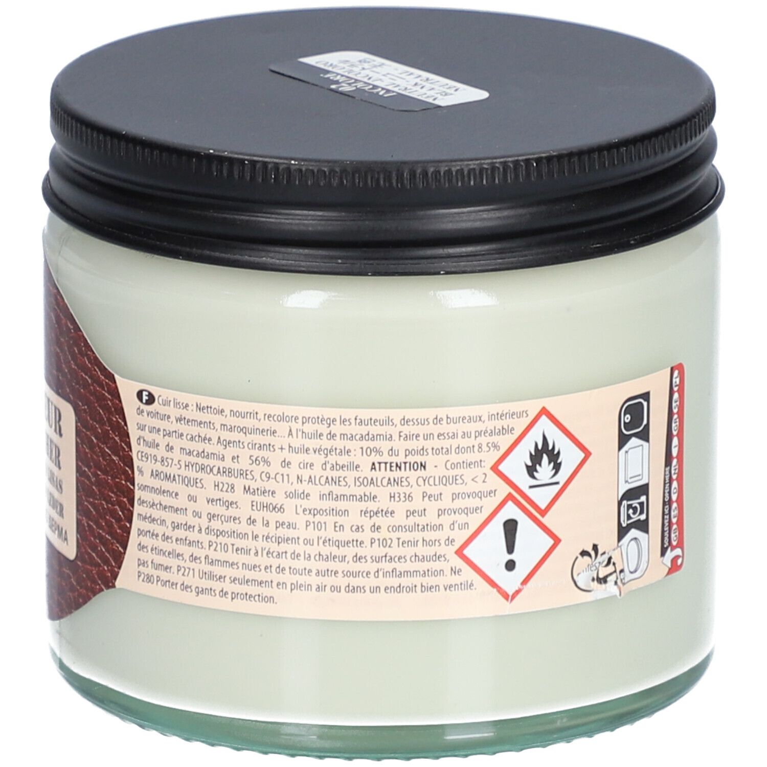 Pot en verre avec couvercle noir. Étiquette avec "AVEL" et "RENOVATEUR CUIR - LEATHER". Contenu : 231g.