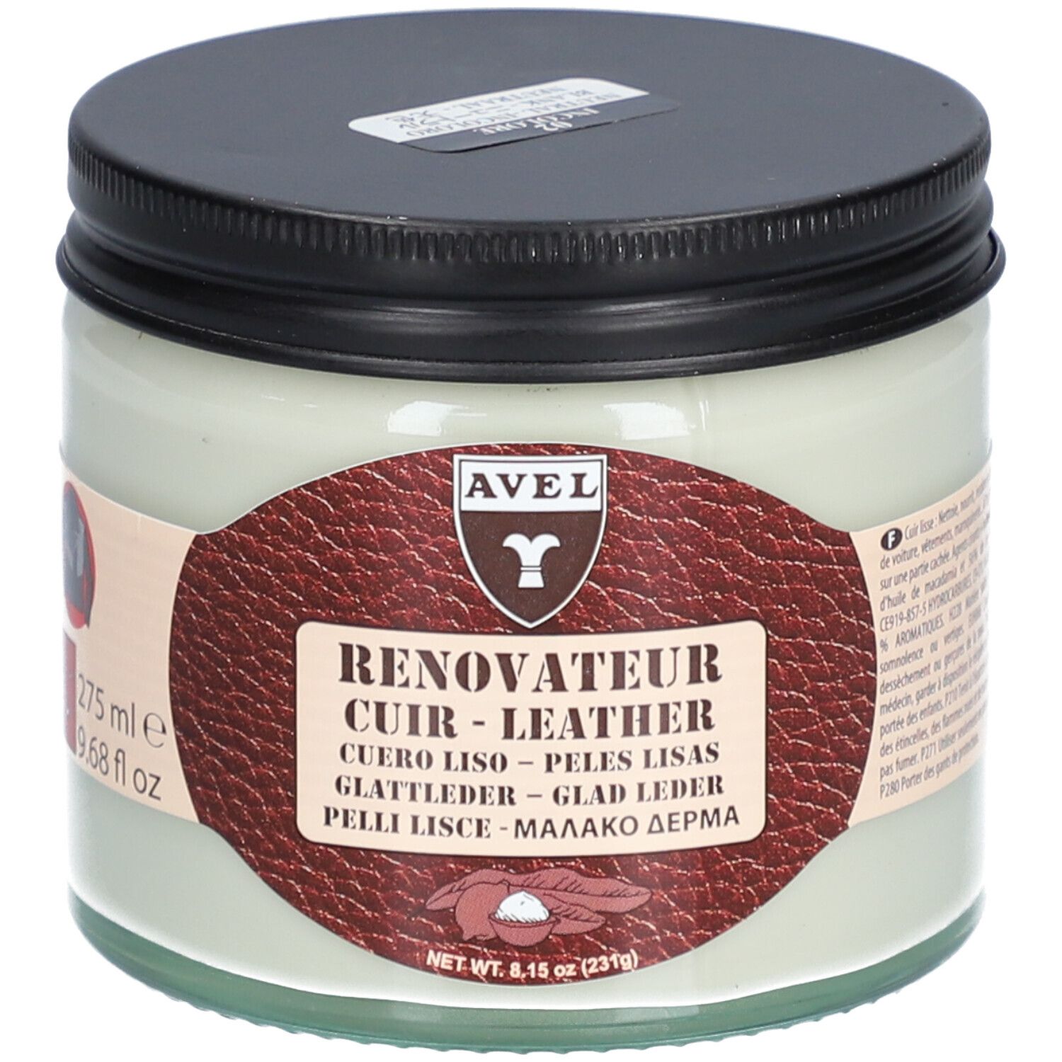 Pot en verre avec couvercle noir. L'étiquette indique "AVEL" et "RENOVATEUR CUIR - LEATHER".