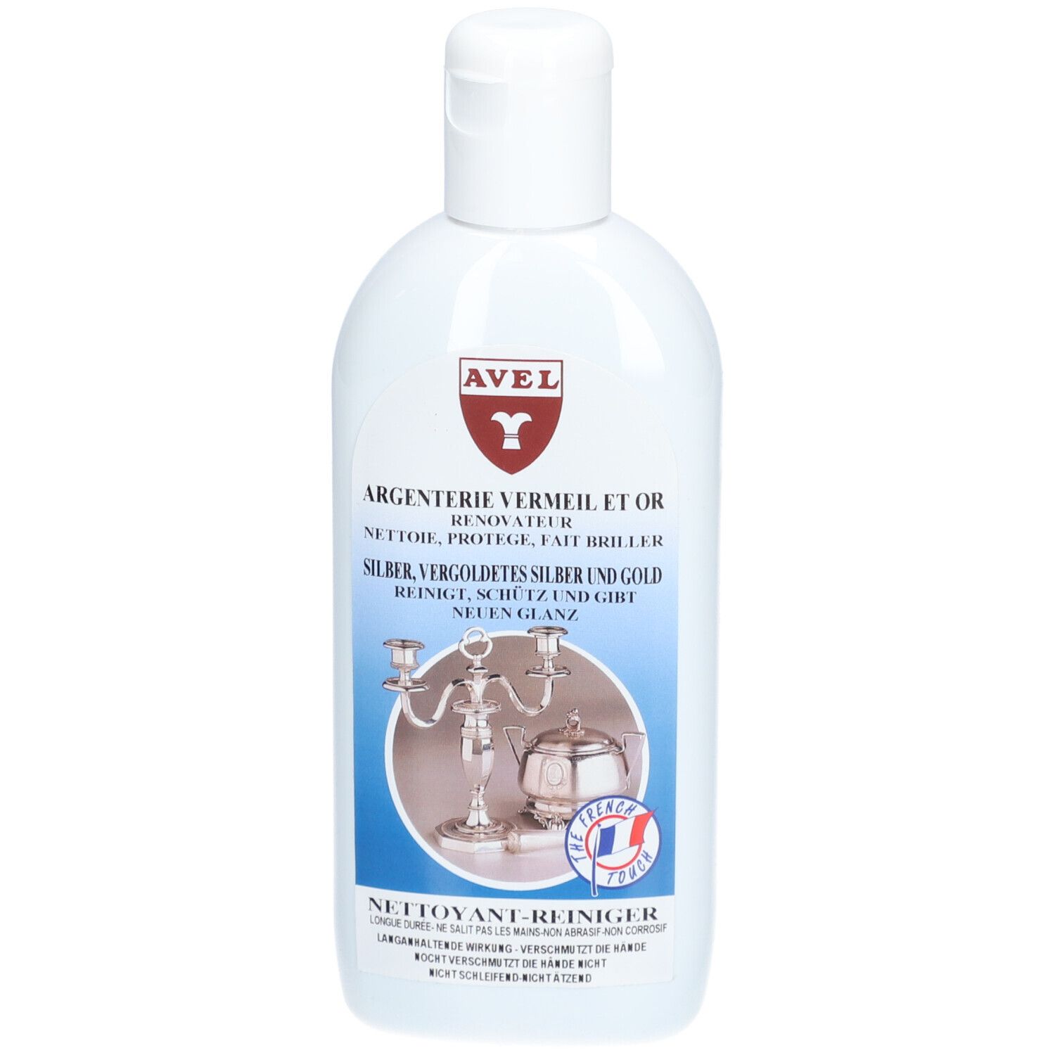 Flacon de nettoyant argent AVEL. Étiquette avec nom du produit, illustration d'argenterie et logo français.