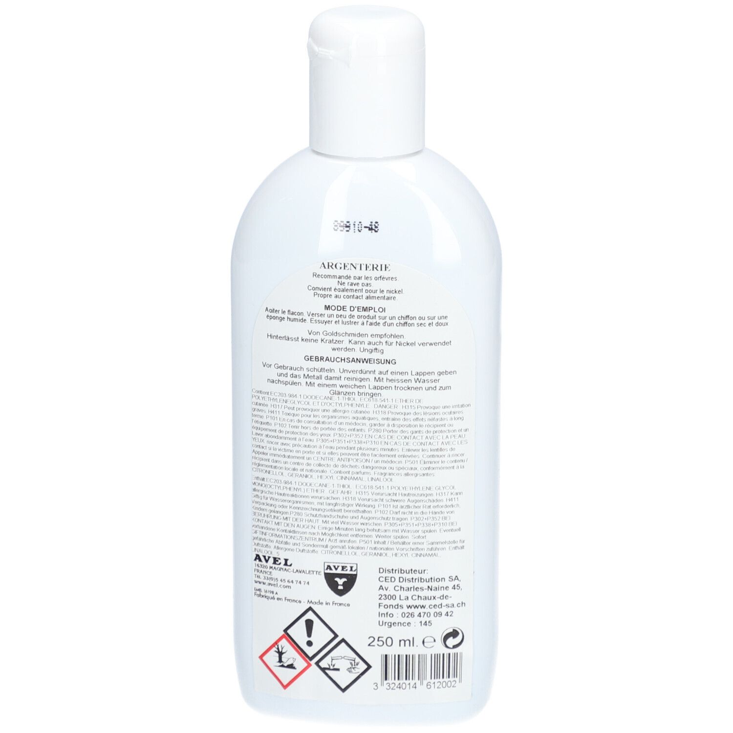 Dos du flacon de nettoyant argent AVEL. Texte multilingue, avertissements et code-barres.