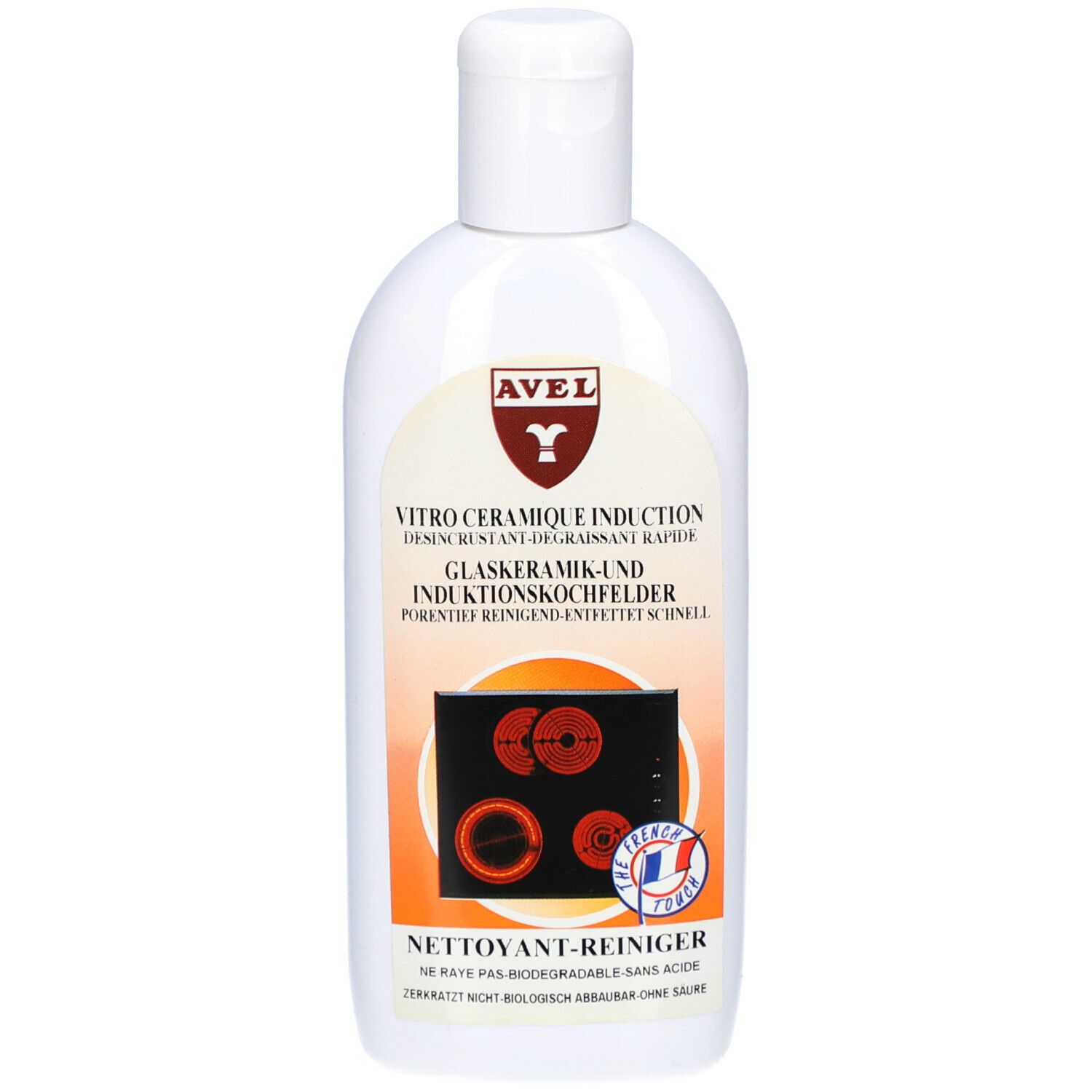 Flacon blanc avec étiquette. Inscription: AVEL, Vitro Ceramique Induction. Nettoyant pour plaques vitrocéramiques et à induction. Label de qualité français.