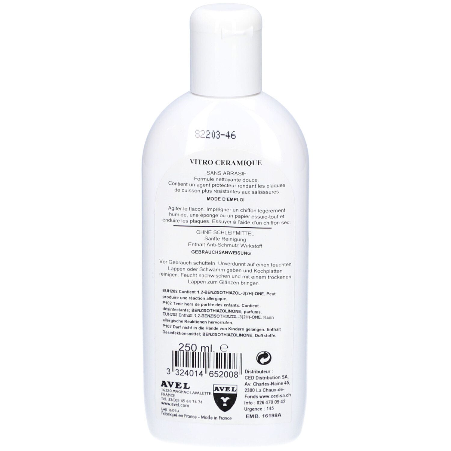Dos d'un flacon blanc. Texte: Vitro Ceramique, mode d'emploi, ingrédients, 250 ml. Avec code-barres et logo AVEL.