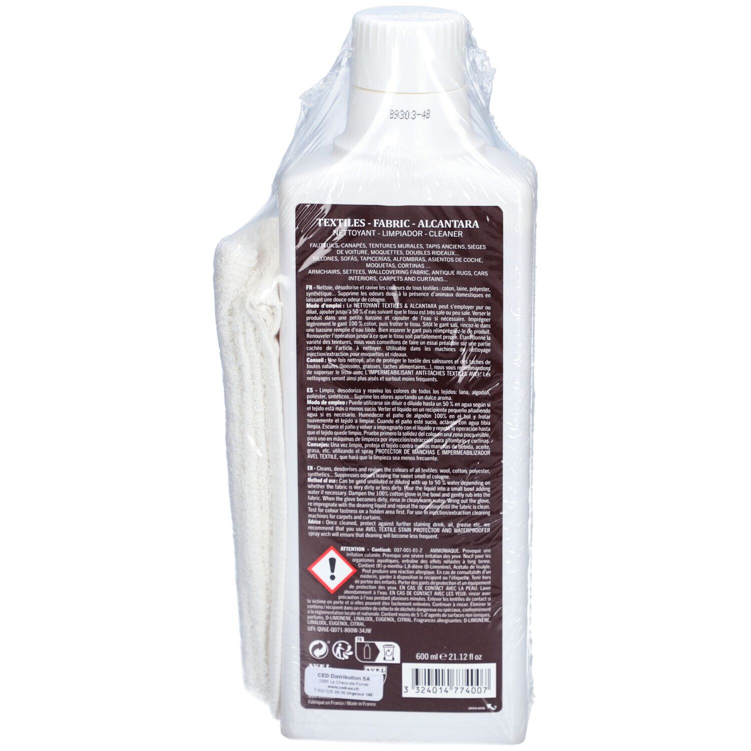 Dos du flacon de AVEL Textilreiniger avec informations produit et avertissements. Emballé dans du film plastique.