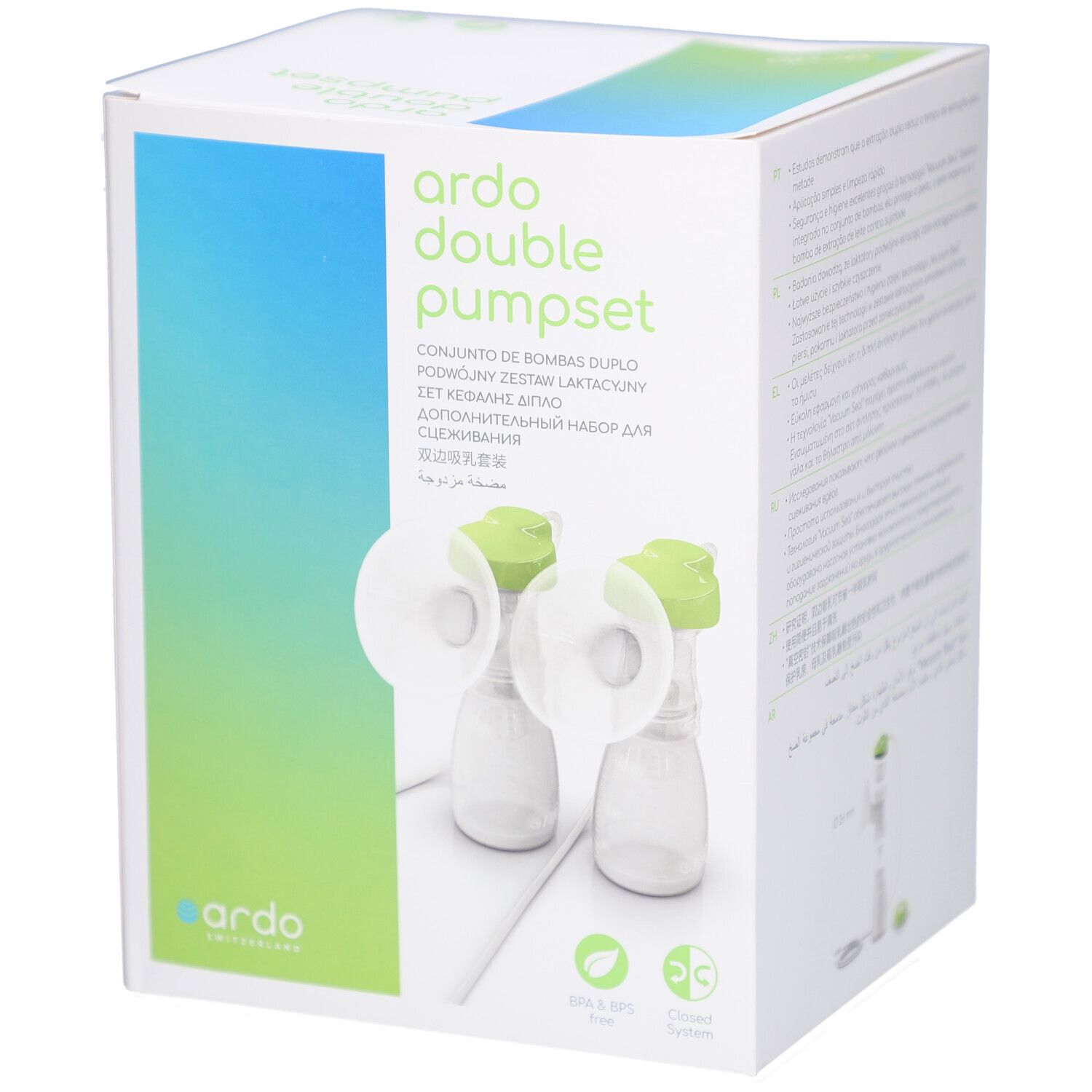 Boîte Ardo Double Pump Set avec deux tire-laits et biberons.