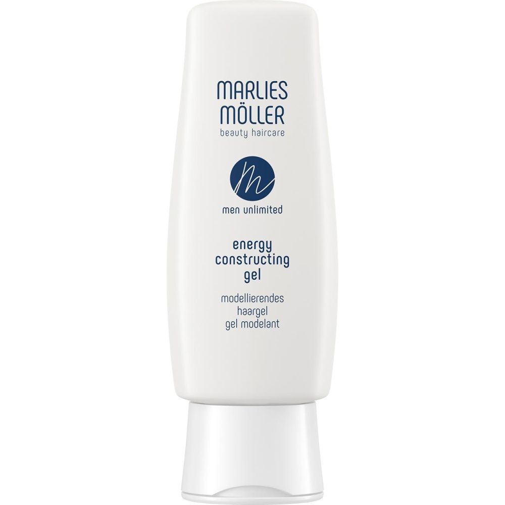 Flacon de gel capillaire blanc. Inscription: Marlies Möller, Men Unlimited, Energy Constructing Gel. Bouchon blanc.
