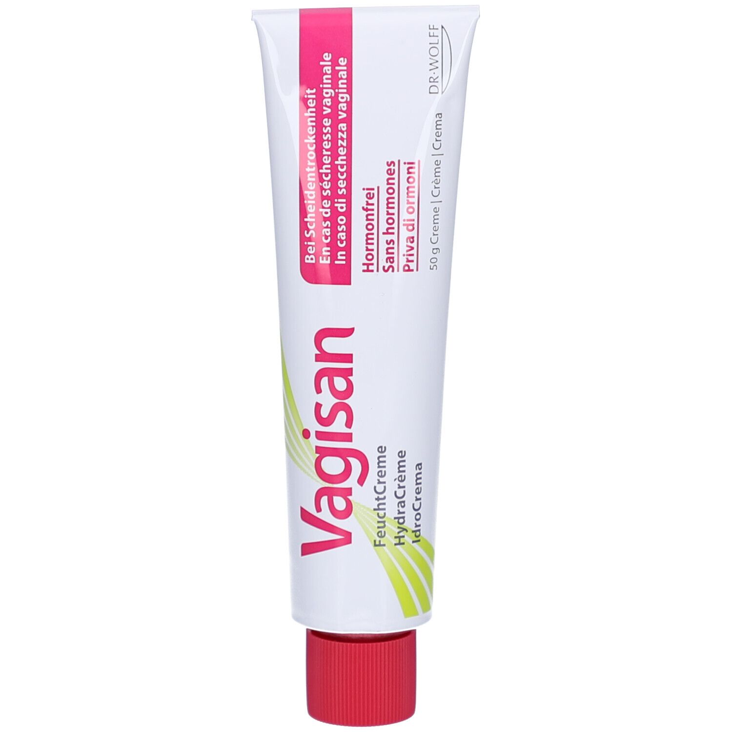 Tube blanc avec bouchon rouge. Inscription: VAGISAN, Feuchtcreme, HydraCrème, IdroCrema. Texte en allemand, français, italien.