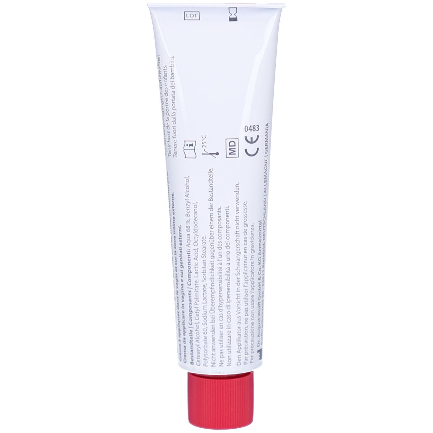 Dos d'un tube blanc avec bouchon rouge. Texte et ingrédients en plusieurs langues. Marquage CE.