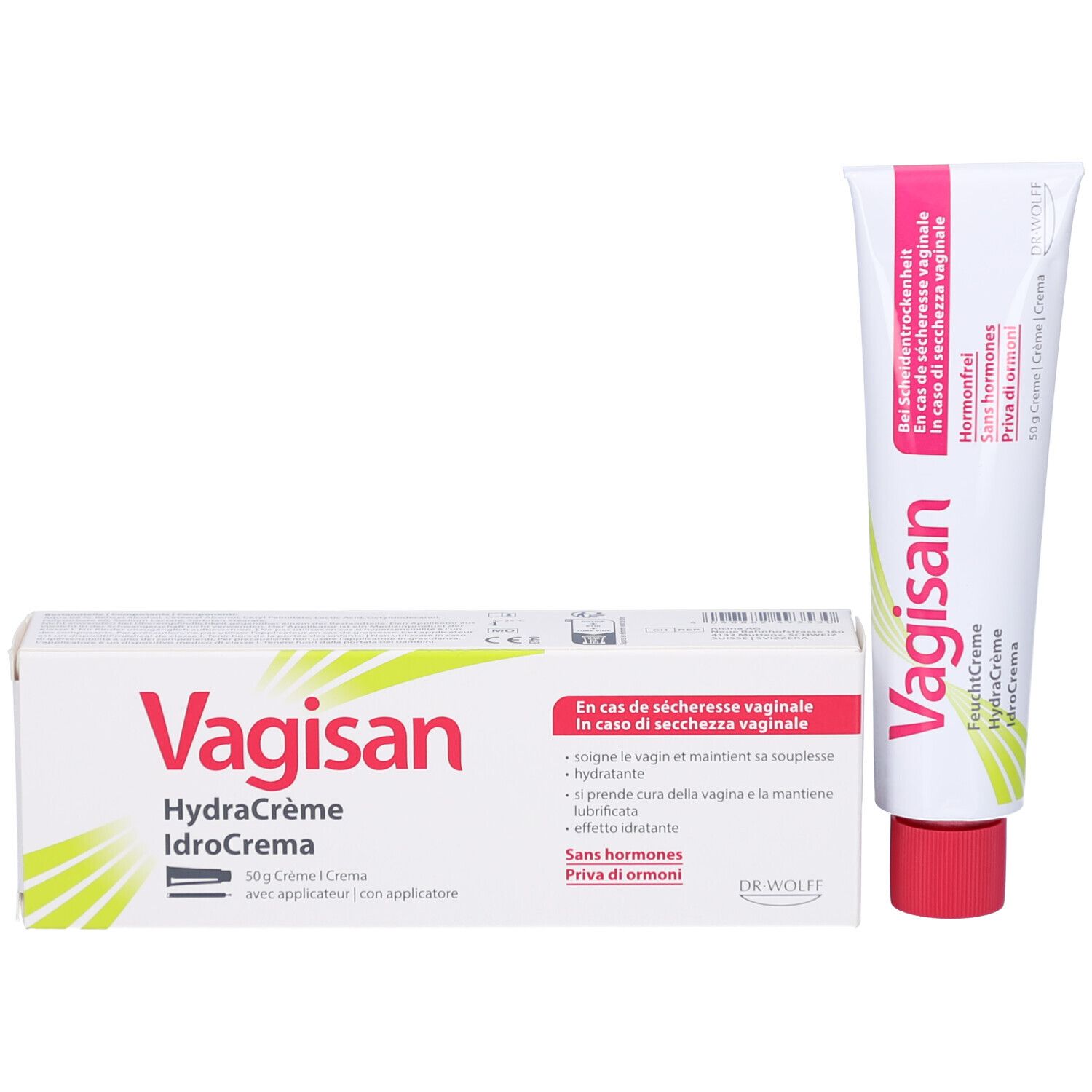 Emballage et tube. Emballage: blanc, inscription VAGISAN, HydraCrème, IdroCrema. Tube: blanc, bouchon rouge, inscription VAGISAN.