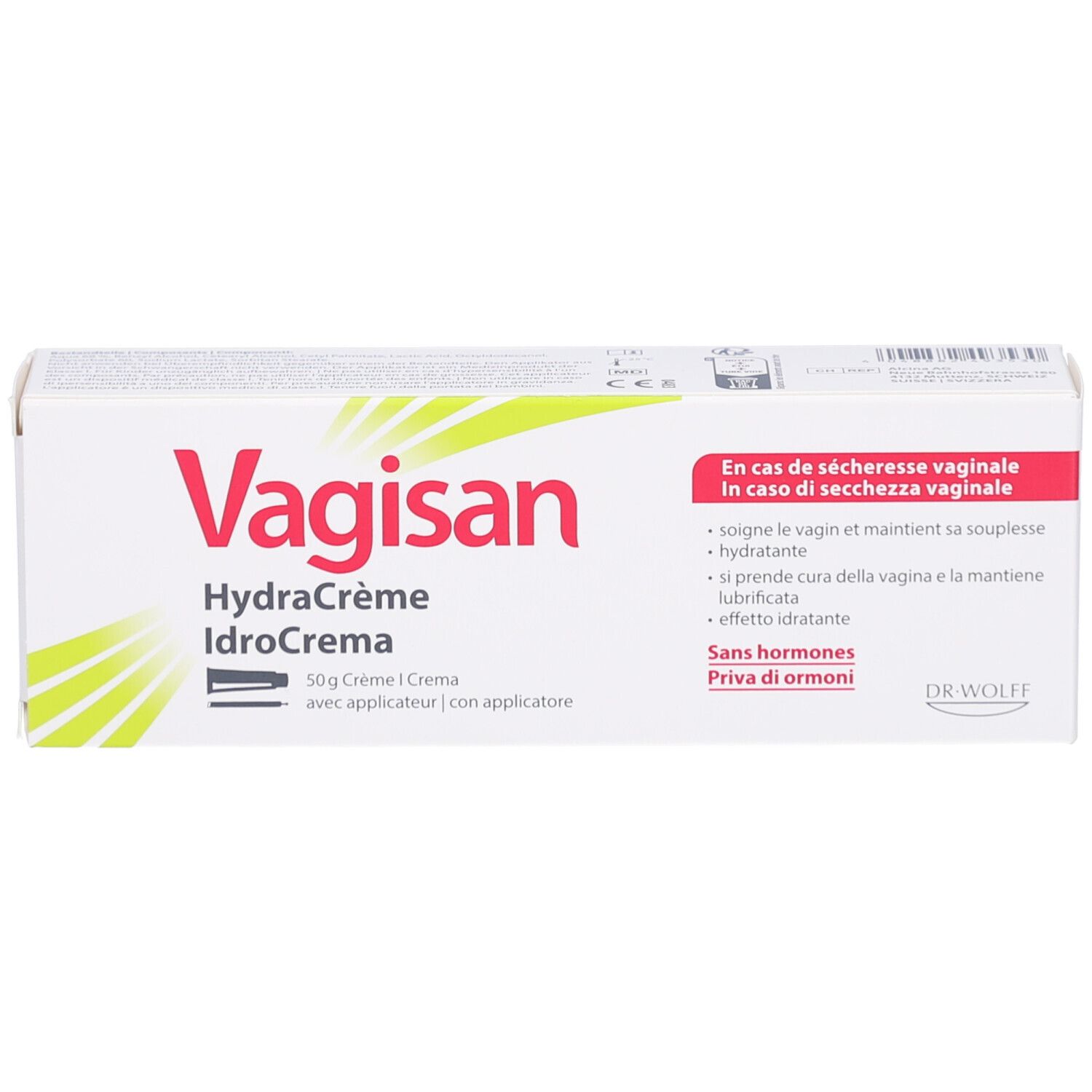 Emballage blanc. Inscription: VAGISAN, HydraCrème, IdroCrema. Texte en allemand, français, italien. Avec applicateur.