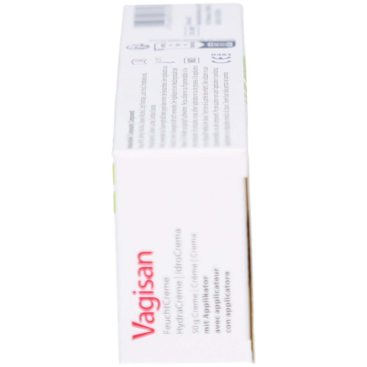 Vue latérale de l'emballage. Inscription: VAGISAN, Feuchtcreme, HydraCrème, IdroCrema. Texte en allemand, français, italien.
