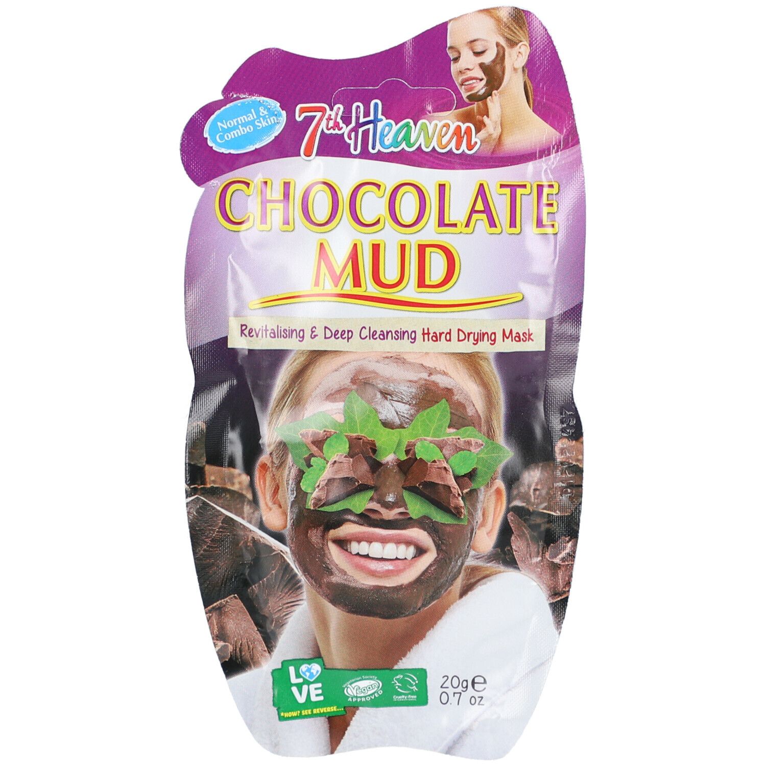 Emballage de masque facial. Design violet et blanc avec images et texte. Contient 20g.
