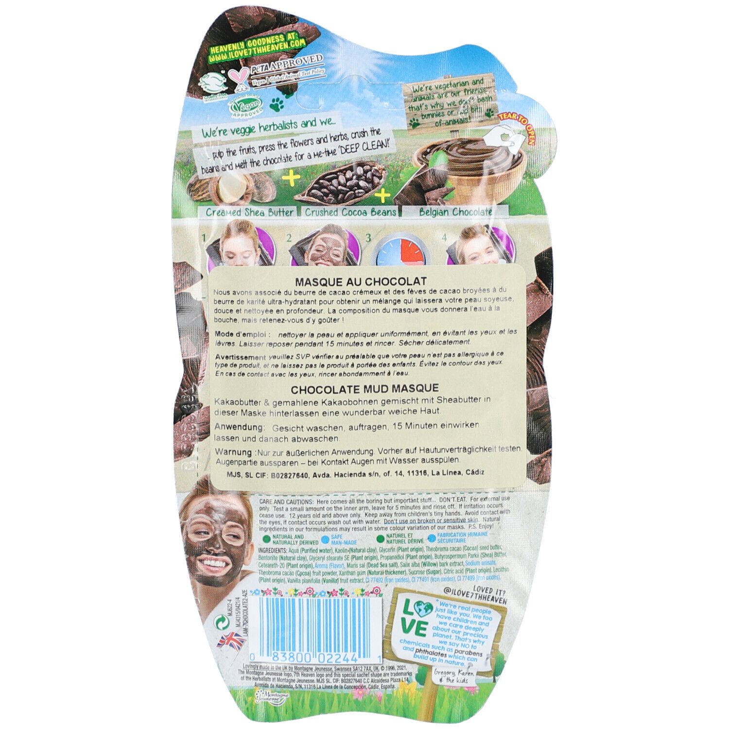 Dos de l'emballage du masque facial. Contient du texte, des instructions et des illustrations du produit.