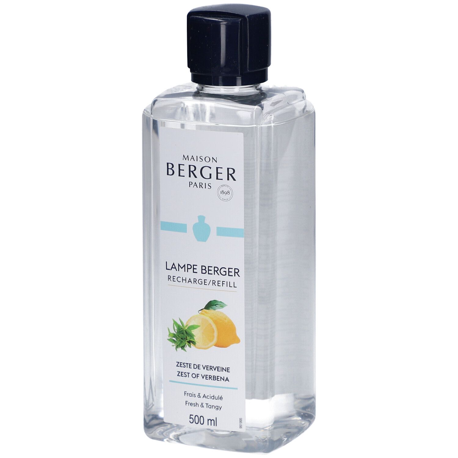 Recharge liquide transparente avec bouchon noir. Étiquette avec nom du produit, illustration de citron et menthe.