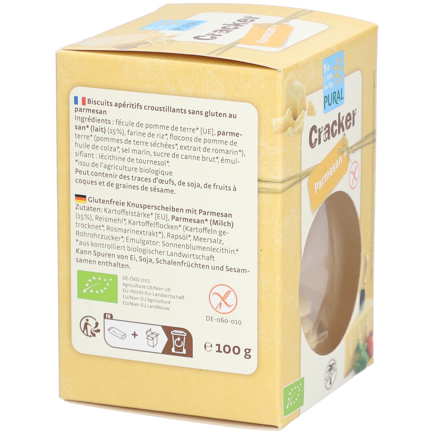 Dos de la boîte jaune. Texte en allemand et français. Liste des ingrédients, label bio et symbole sans gluten.