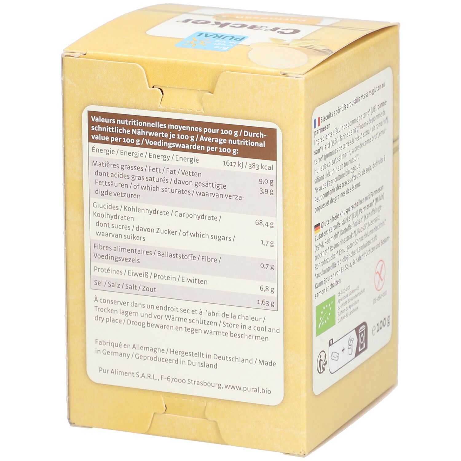 Dos de la boîte avec informations nutritionnelles. Texte en allemand et français. Labels bio et sans gluten.