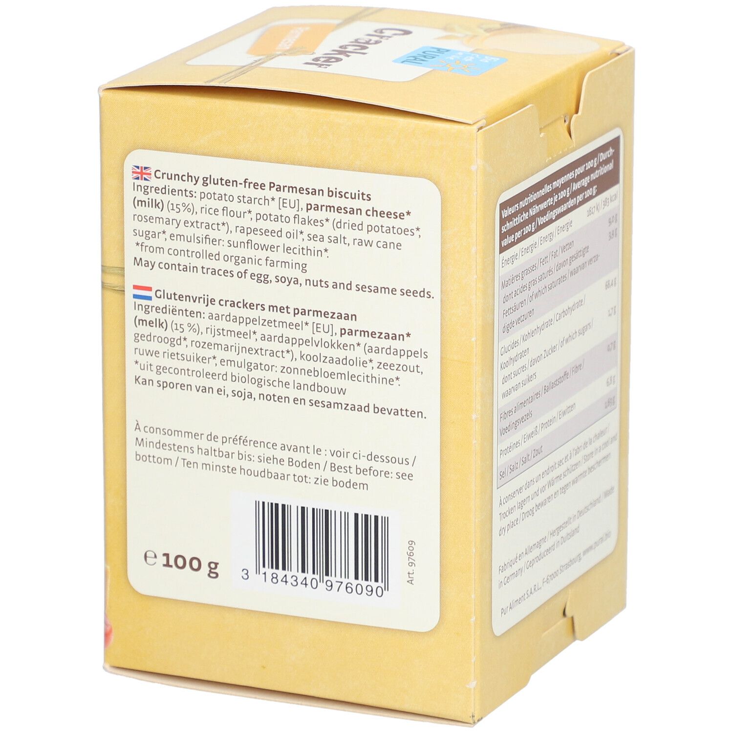 Dos de la boîte avec texte multilingue. Code-barres et date de péremption.