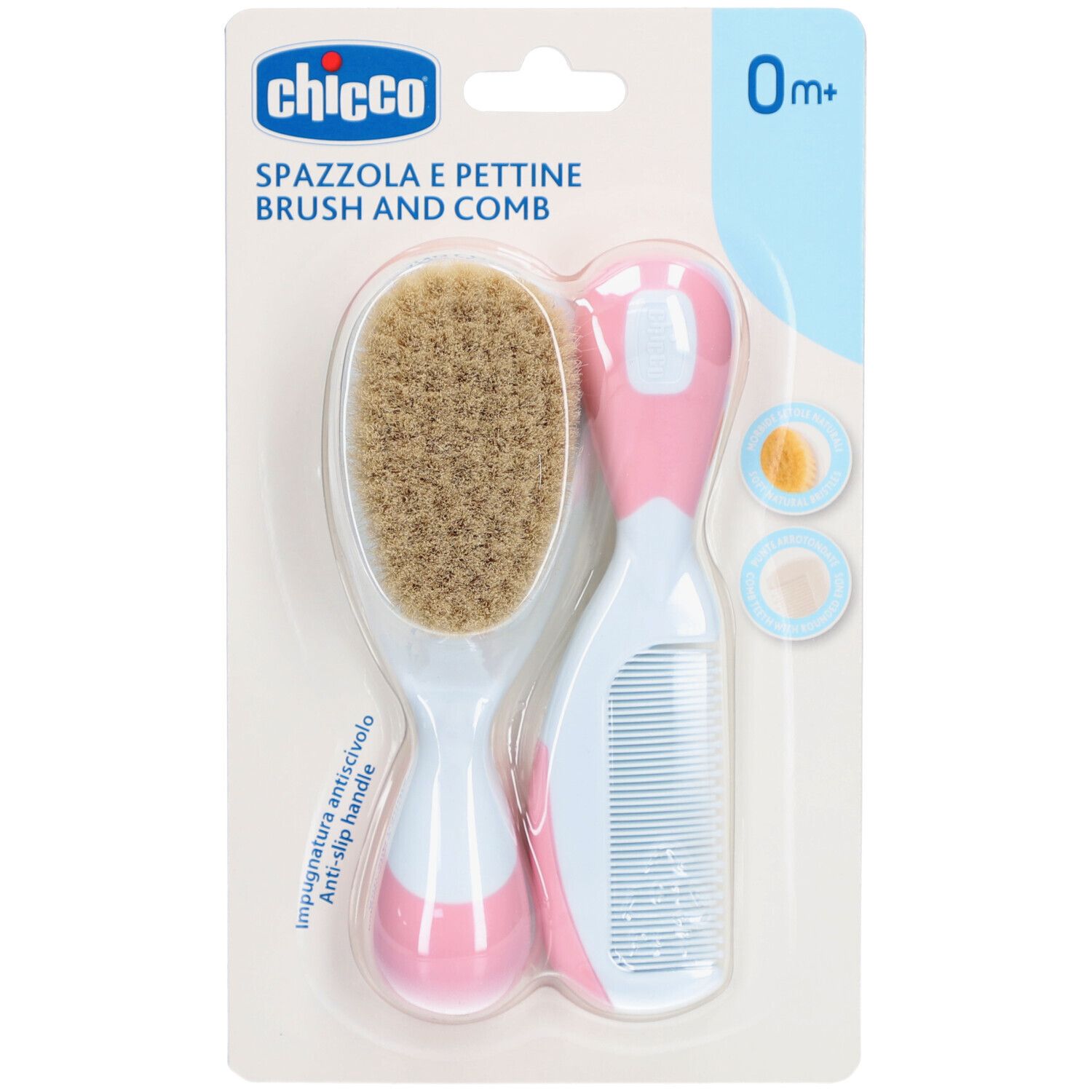 Ensemble brosse et peigne bleu clair. Brosse avec poils naturels, peigne à dents arrondies. Emballé sous blister.