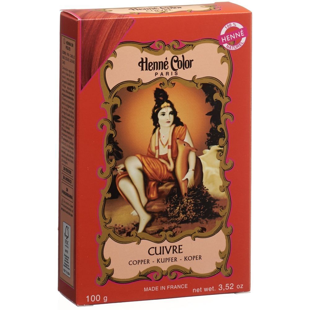 Boîte rouge Henne Color Paris. Image d'une femme. Coloration Cuivre. 100g. Fabriqué en France.