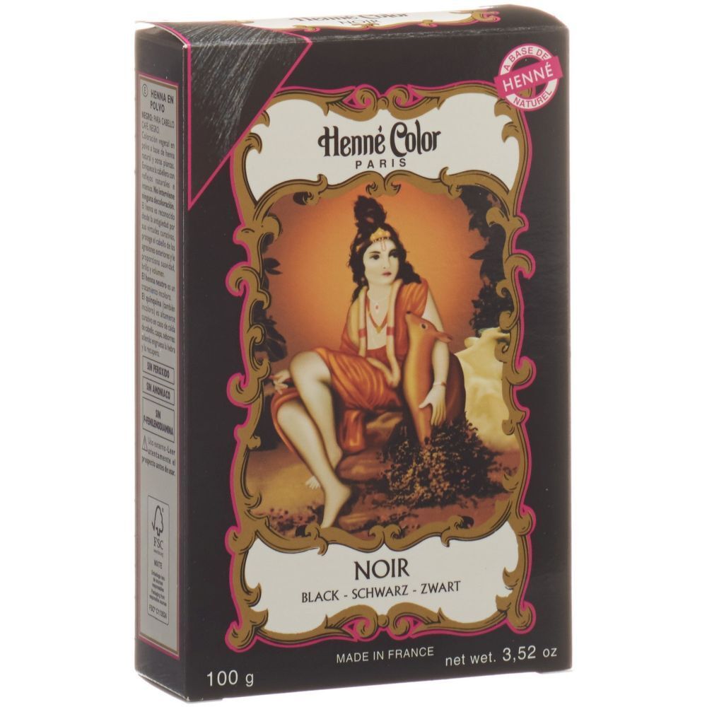 Boîte Henna Color noire. Illustration d'une femme sur le devant. Texte: Noir, Black, Schwarz, Zwart. 100 g, 3.52 oz.