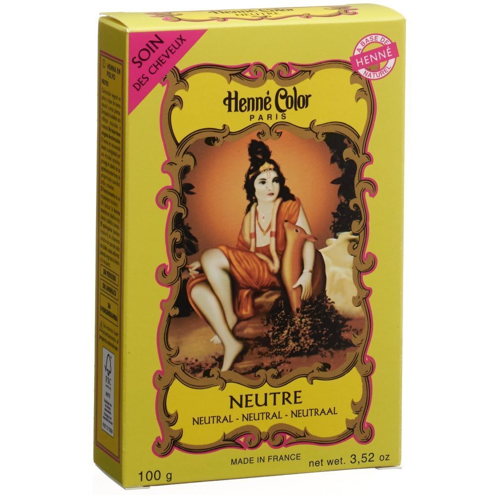 Boîte jaune avec logo Henne Color et illustration d'une femme. Texte : NEUTRE, 100 g, Made in France.