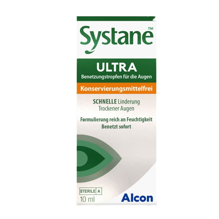 Boîte de gouttes ophtalmiques SYSTANE Ultra. Design vert et blanc avec nom et texte du produit. Flacon de 10 ml, stérile.