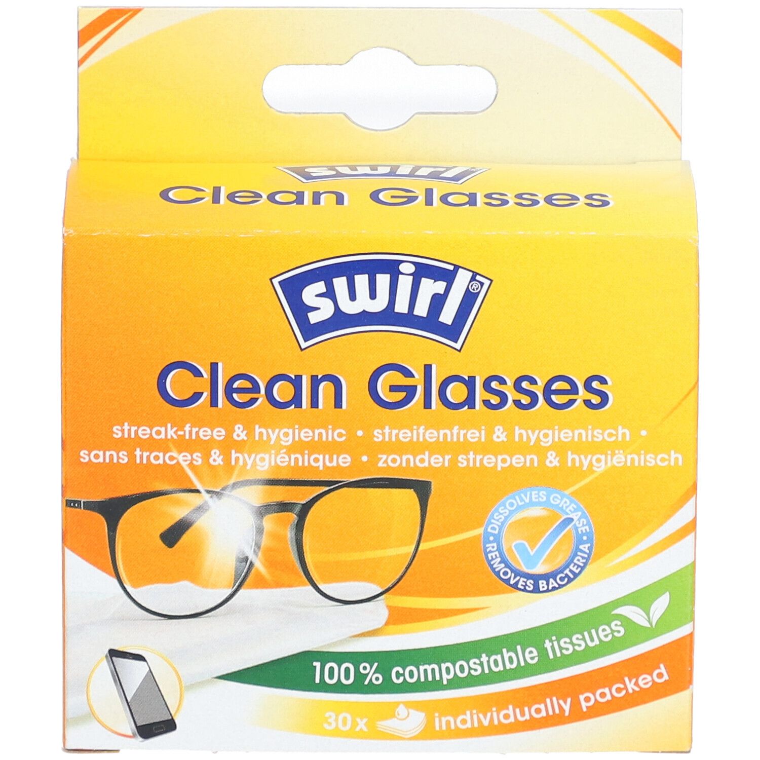 Boîte jaune "Clean Glasses" et logo "swirl". Contient 30 lingettes nettoyantes compostables emballées individuellement.