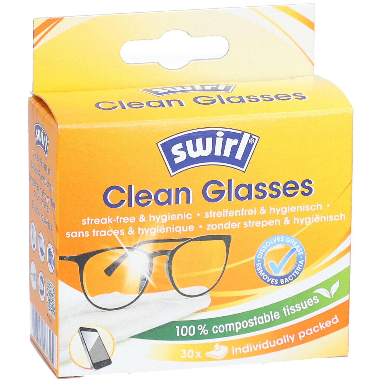 Boîte jaune "Clean Glasses" et logo "swirl". Contient 30 lingettes nettoyantes compostables emballées individuellement.