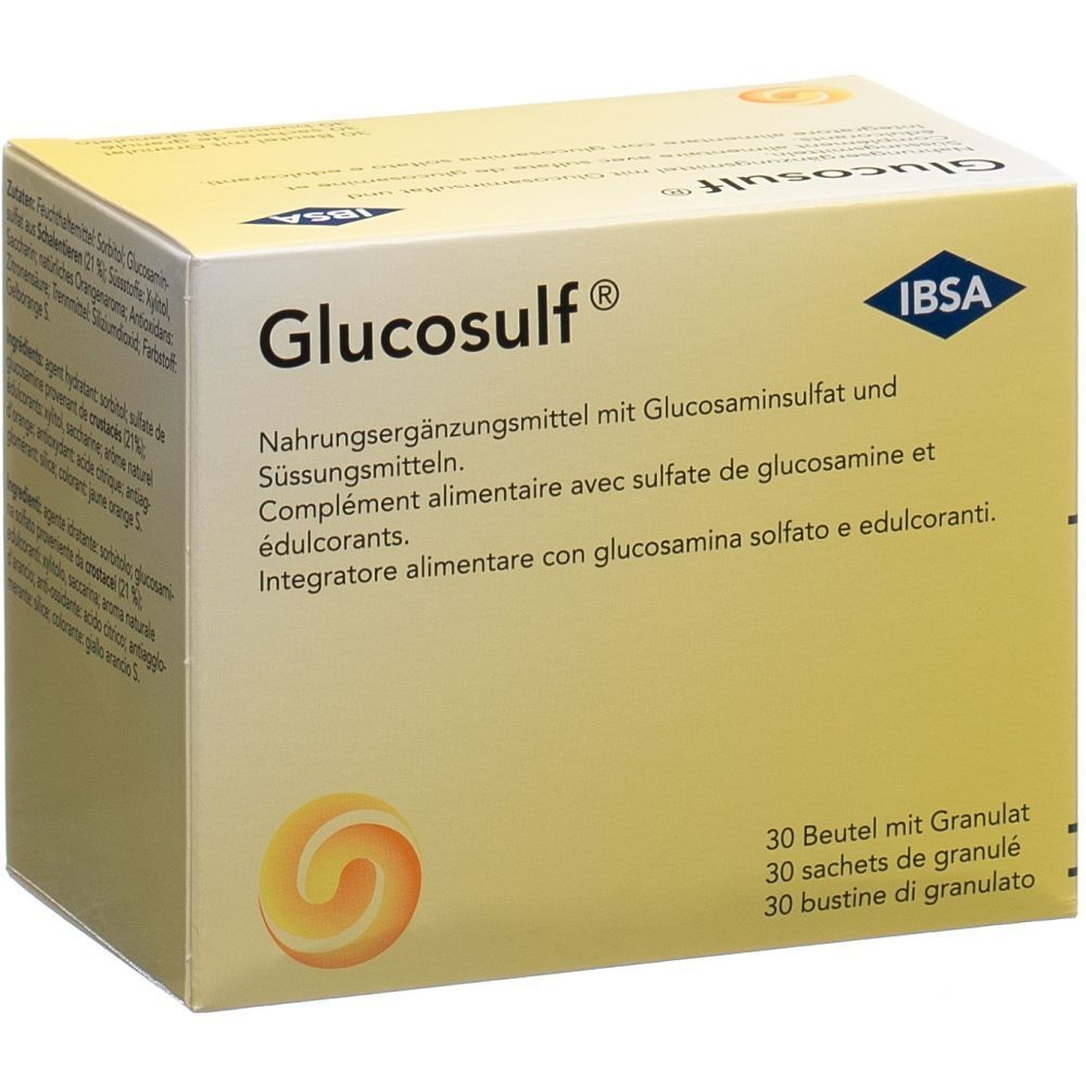 Boîte de Glucosulf®. Contient 30 sachets de granulés. Logo IBSA.