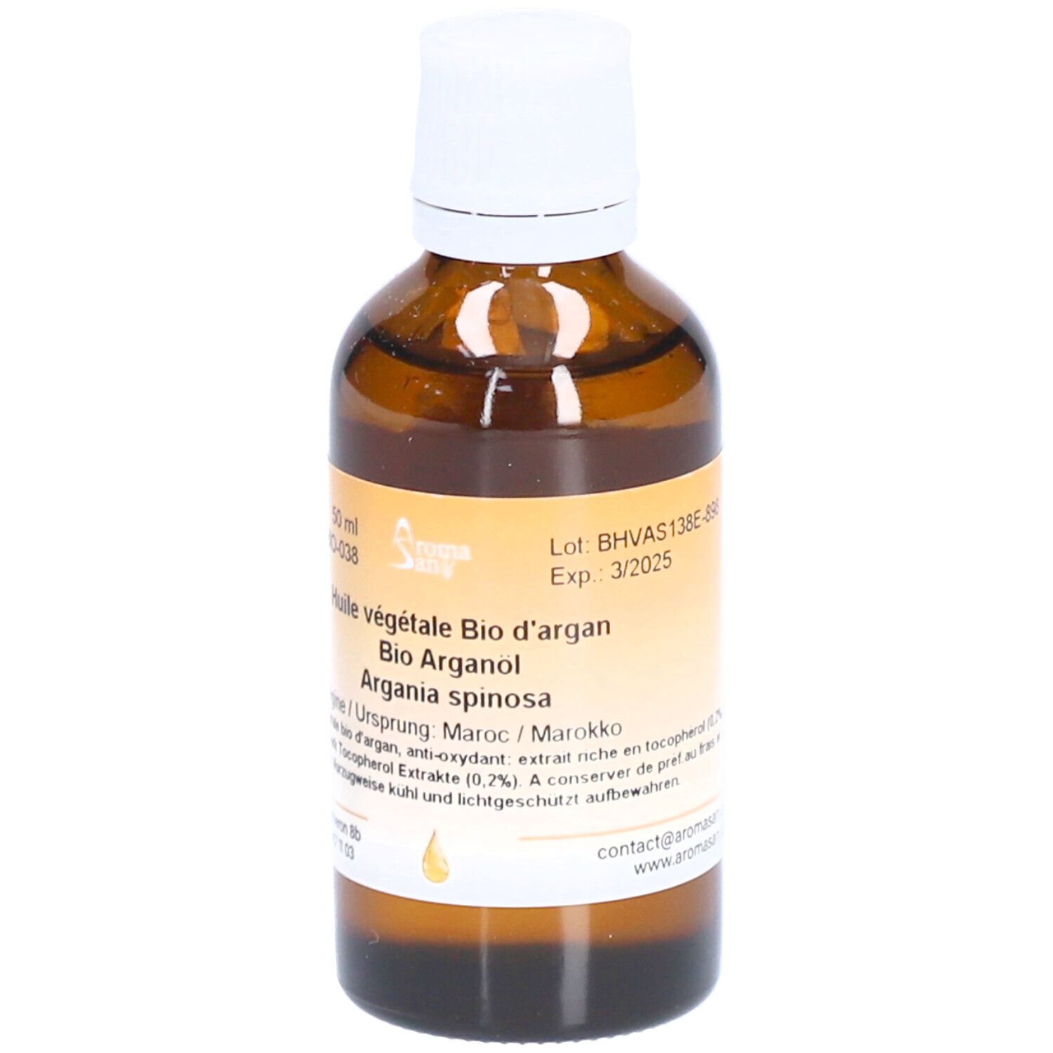 Flacon en verre brun avec bouchon blanc. Étiquette avec informations produit. Huile d'argan bio Aromasan.