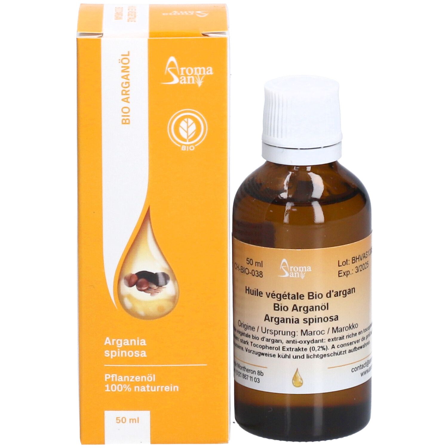 Flacon en verre brun et boîte orange. Boîte avec image du produit et inscription Bio Arganöl.