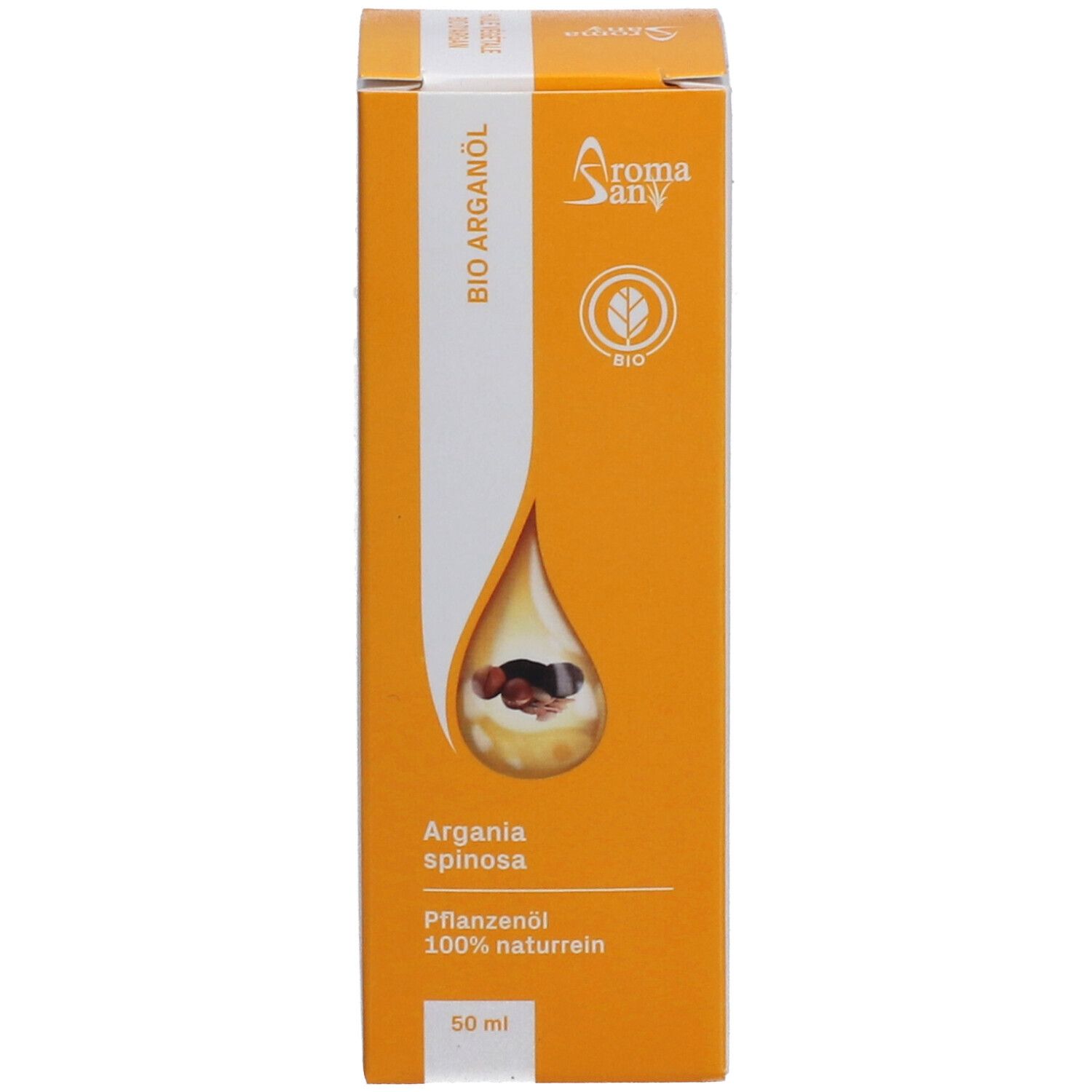 Boîte orange avec image du produit et inscription Bio Arganöl. Logo Aromasan.